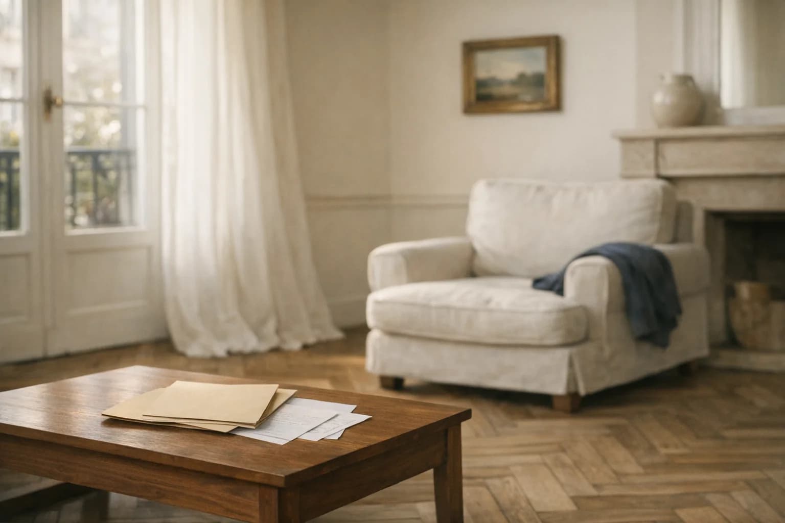 Salon français lumineux avec dossier patrimonial posé sur une table basse