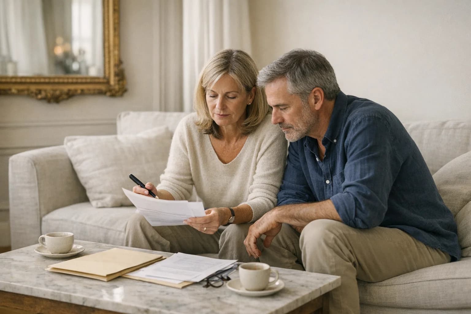 Couple planifiant la transmission de leur patrimoine dans un salon français