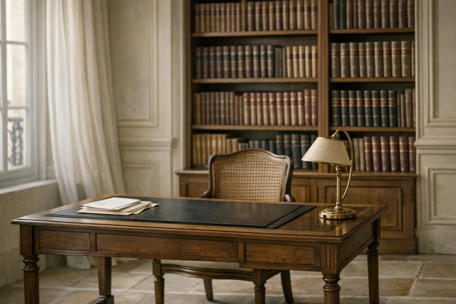 Bureau d’un cabinet patrimonial français avec lumière matinale