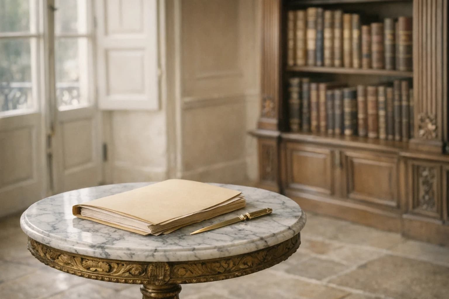 Étude de notaire française avec dossier de succession sur un guéridon