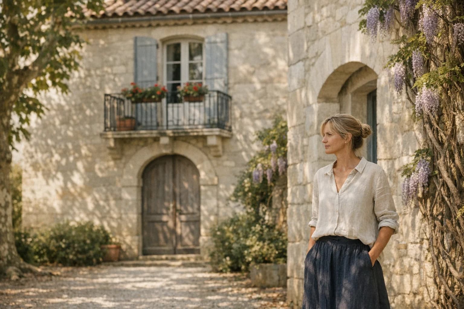Facade en pierre d'une maison de famille francaise avec volets bleus et jardin fleuri