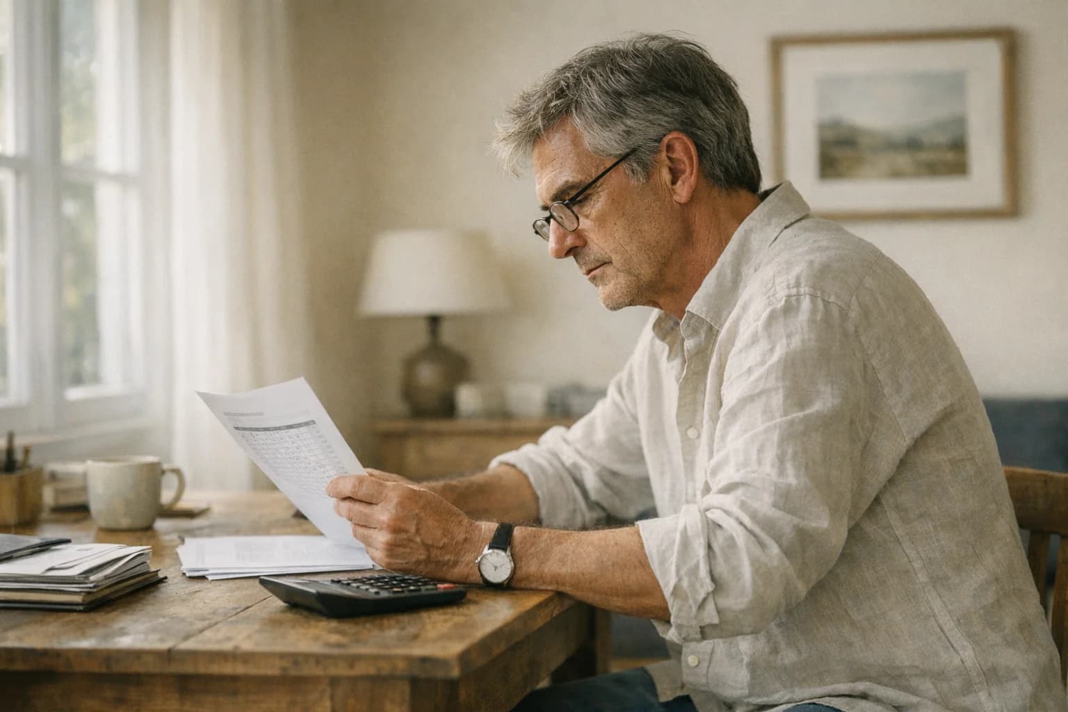Homme d'une soixantaine d'années examinant des échéanciers de paiement dans un bureau à domicile