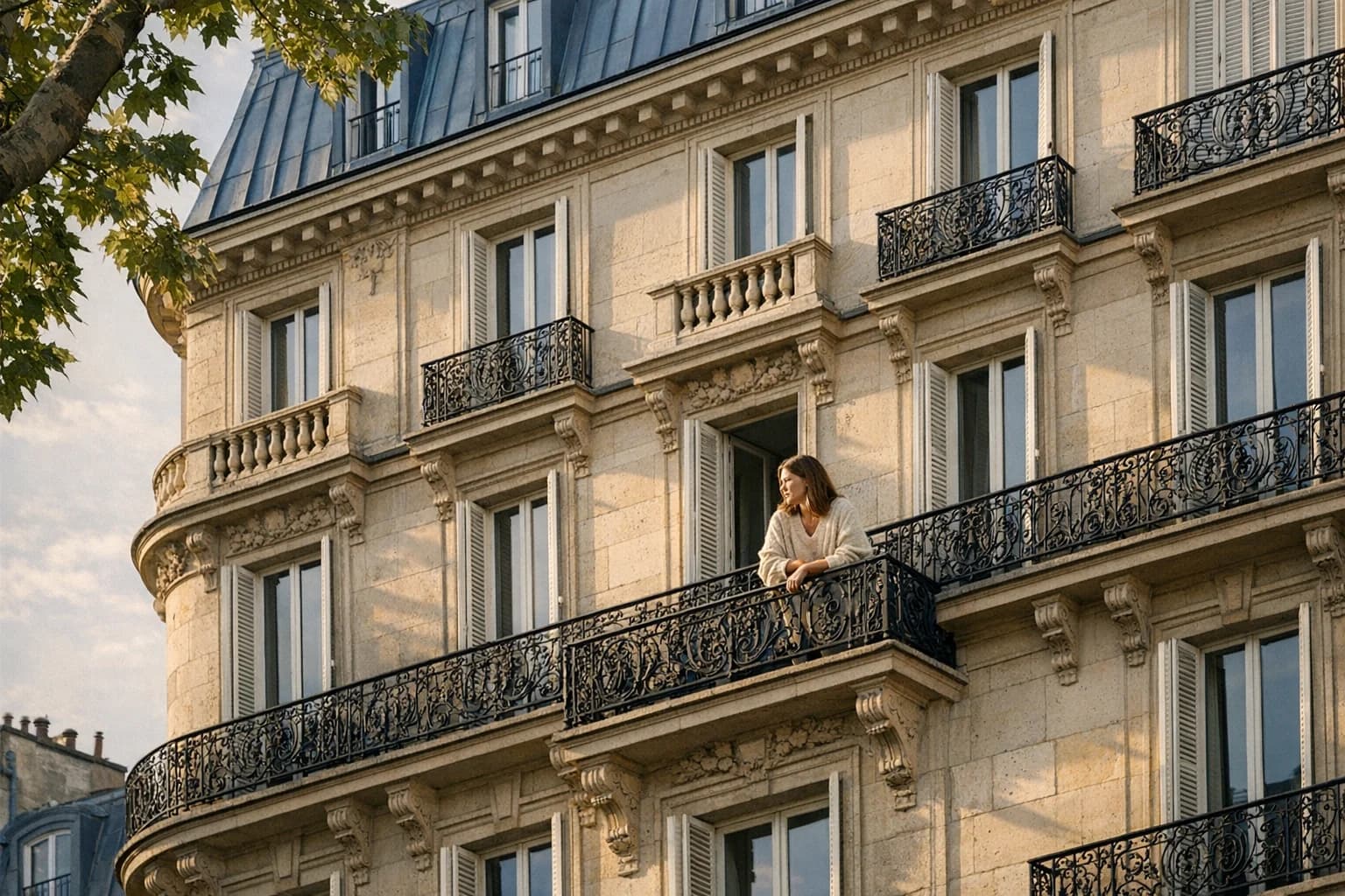 Facade d'un immeuble haussmannien parisien vue en contre-plongée avec balcons en fer forgé