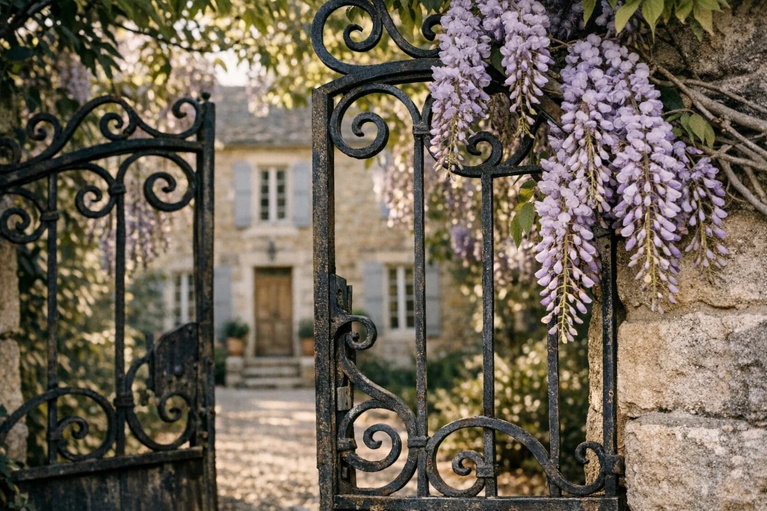 Maison en pierre française vue à travers un portail en fer forgé avec glycine