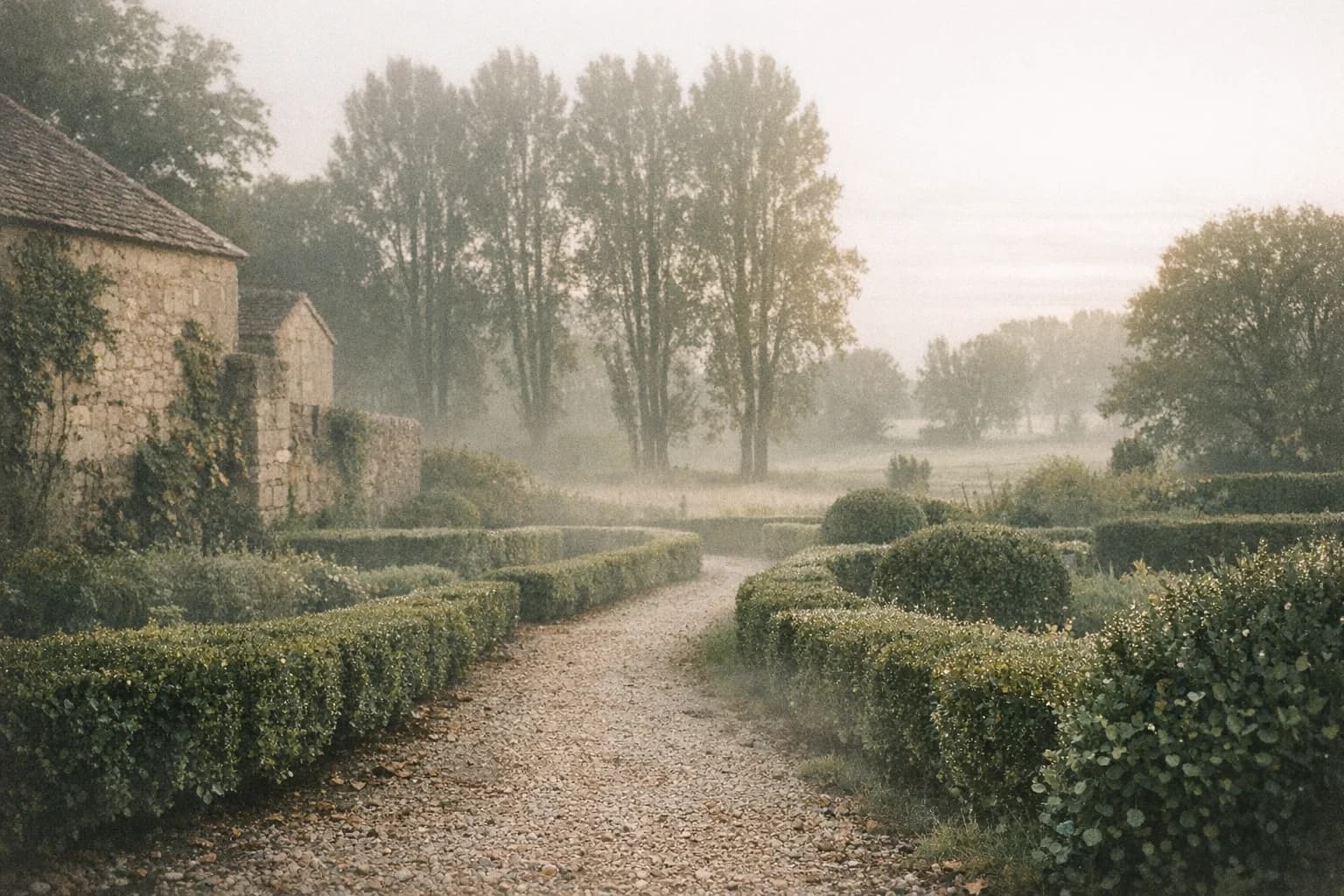 Sentier bordé de haies dans la campagne française au petit matin