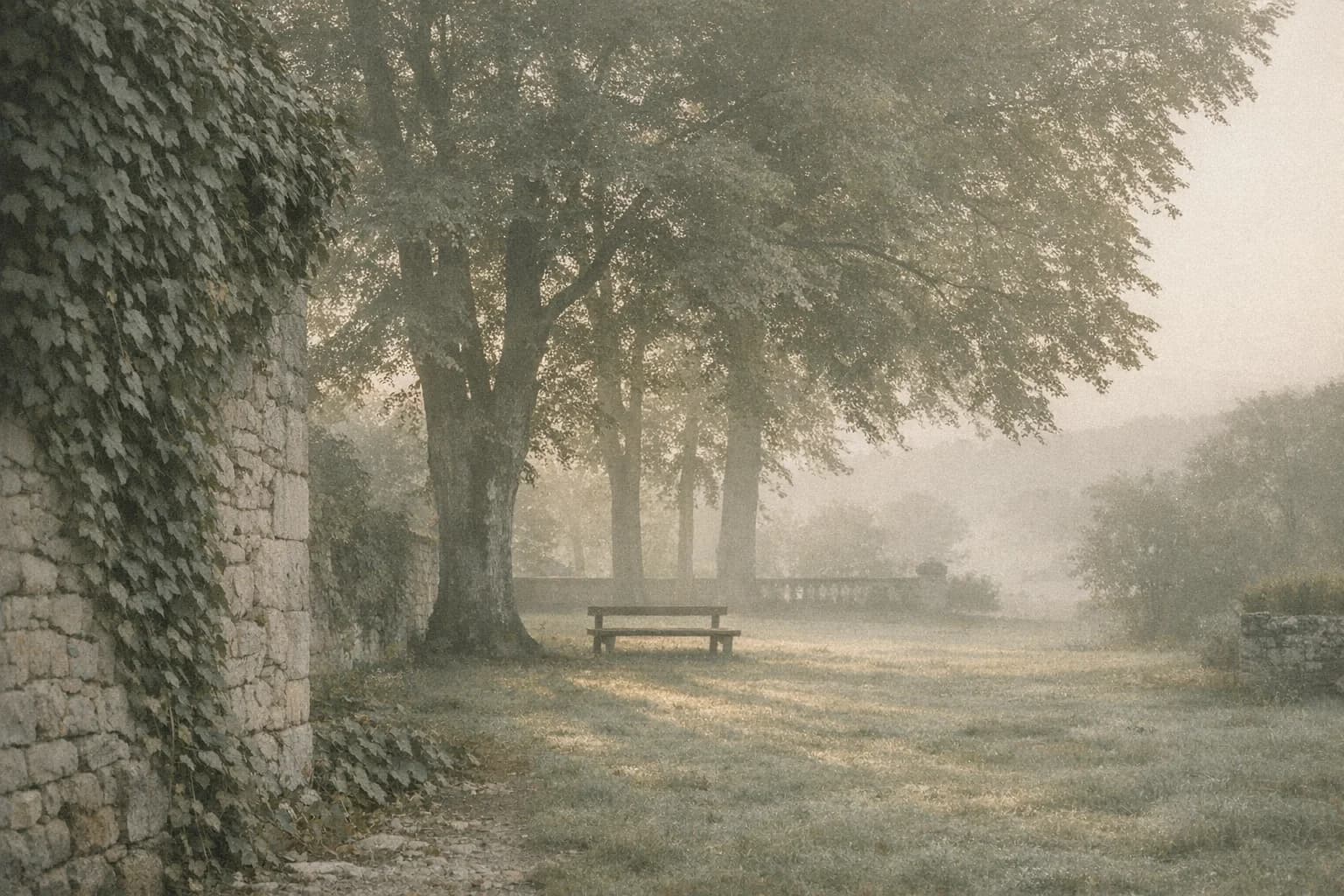 Lumière douce du matin traversant les arbres dans un jardin paisible