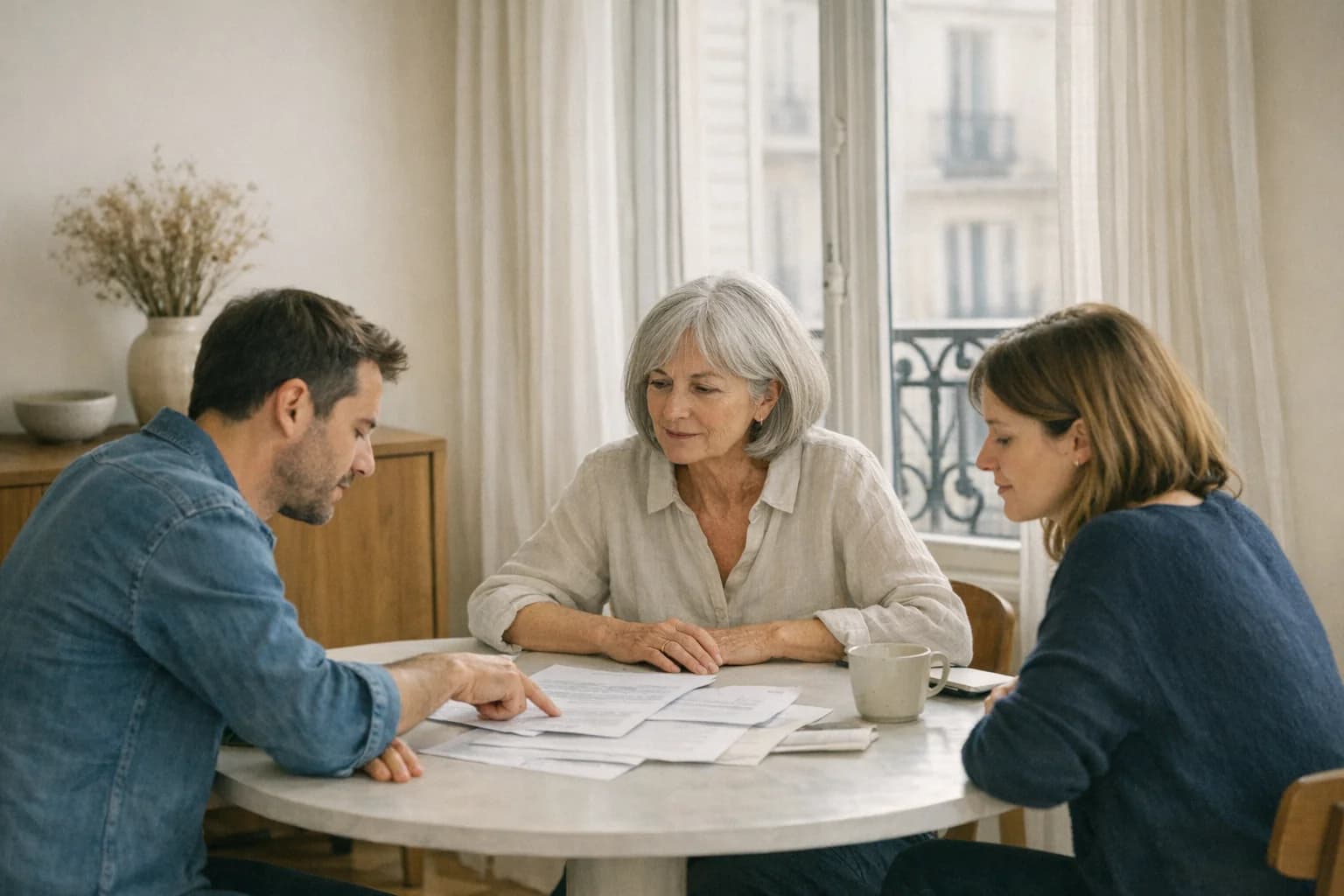 Mère et ses deux enfants adultes discutant autour d'une table dans un intérieur français lumineux