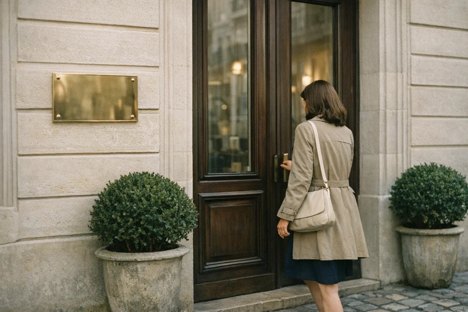 Façade d'une étude notariale française avec plaque en laiton