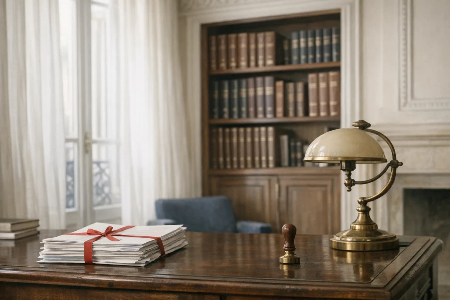 Étude de notaire française avec documents officiels sur un bureau, lumière tamisée