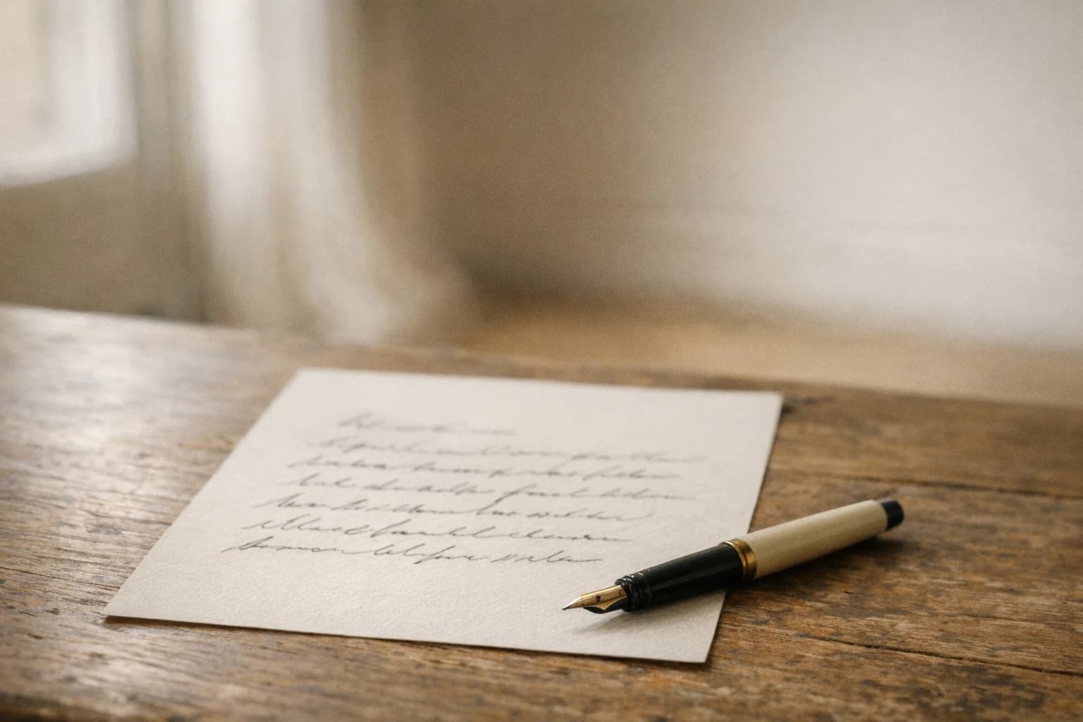 Testament olographe manuscrit posé sur un bureau en bois, éclairé par la lumière du matin