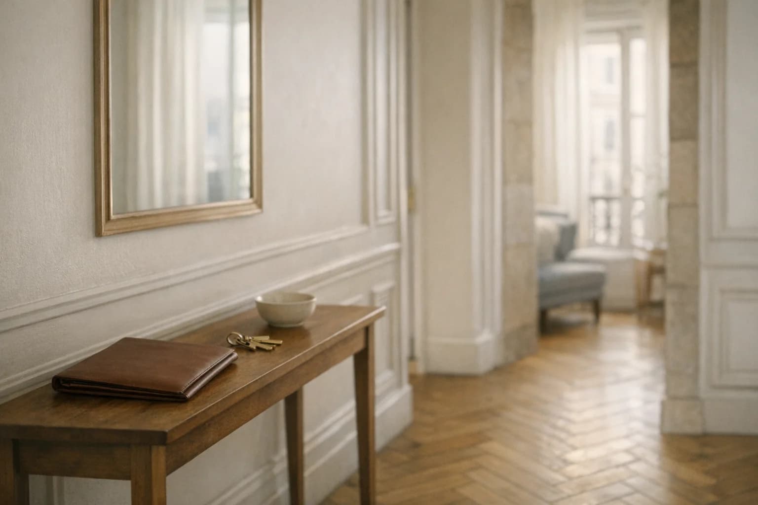 Couloir d'un appartement francais avec console en bois et pochette de documents en cuir