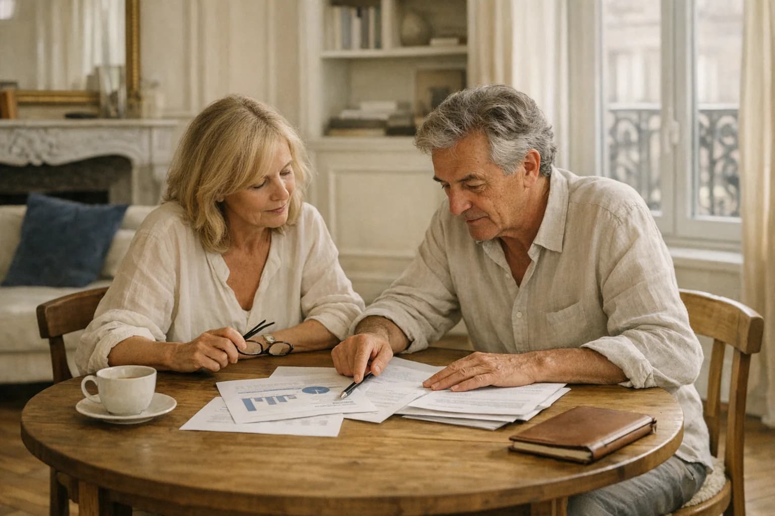 Couple d'une soixantaine d'années comparant des stratégies de transmission patrimoniale dans un salon haussmannien